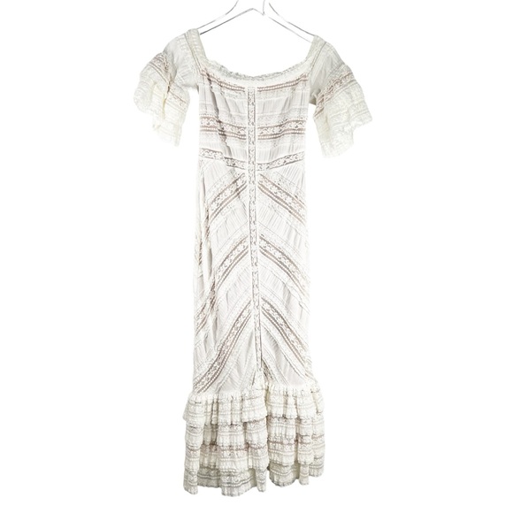 CINQ A SEPT Naya Ivory Lace off the shoulder Fitted Layered Ruffle Dress Size 10 - Picture 4 of 13